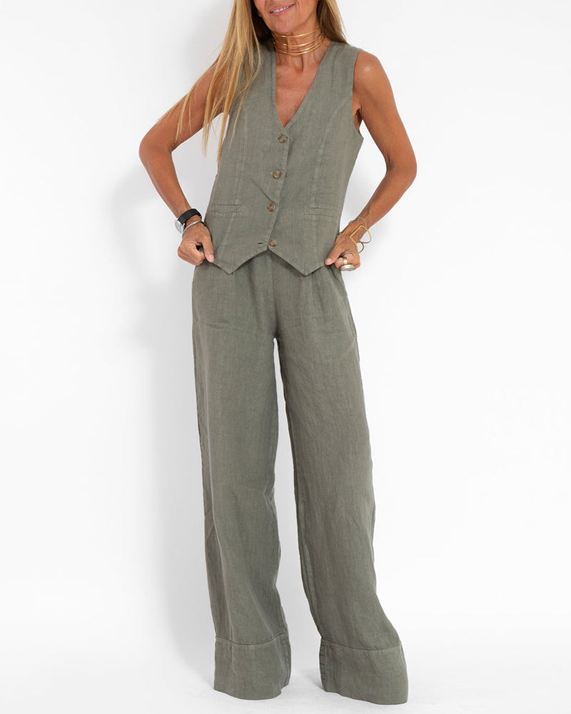 Elegante 2-Delige Set Linnen Wijde Broek En Vest Voor Dames Donkergrijs