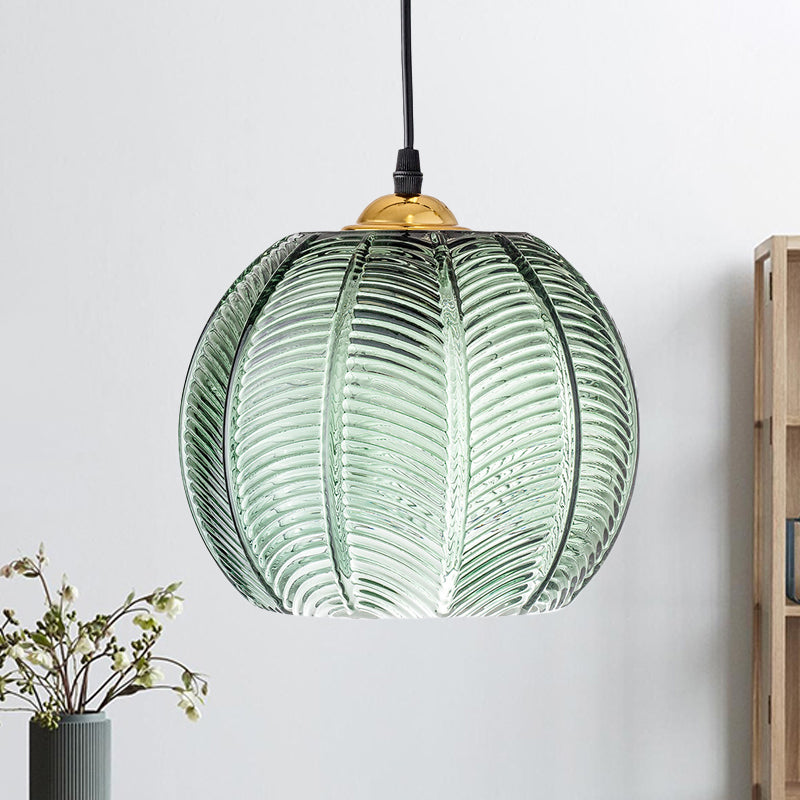 Pompoen Dinette Hanglamp Groene Geribbelde Glas 1 Kop Retro Groen