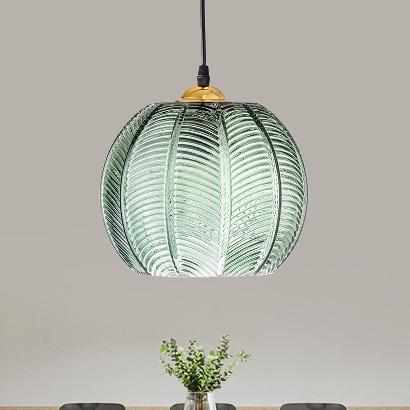 Pompoen Dinette Hanglamp Groene Geribbelde Glas 1 Kop Retro
