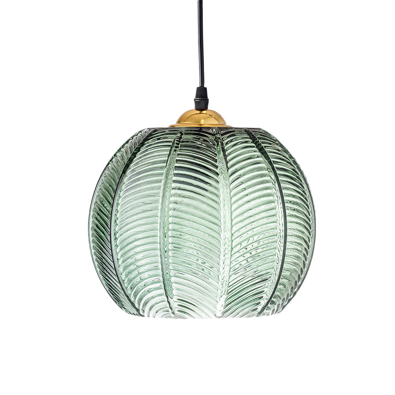 Pompoen Dinette Hanglamp Groene Geribbelde Glas 1 Kop Retro