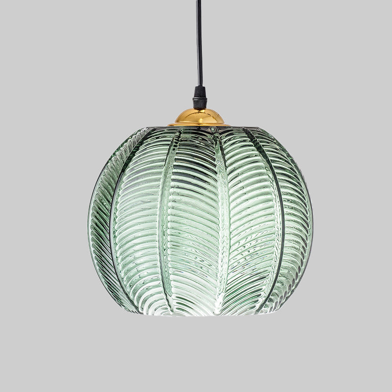 Pompoen Dinette Hanglamp Groene Geribbelde Glas 1 Kop Retro