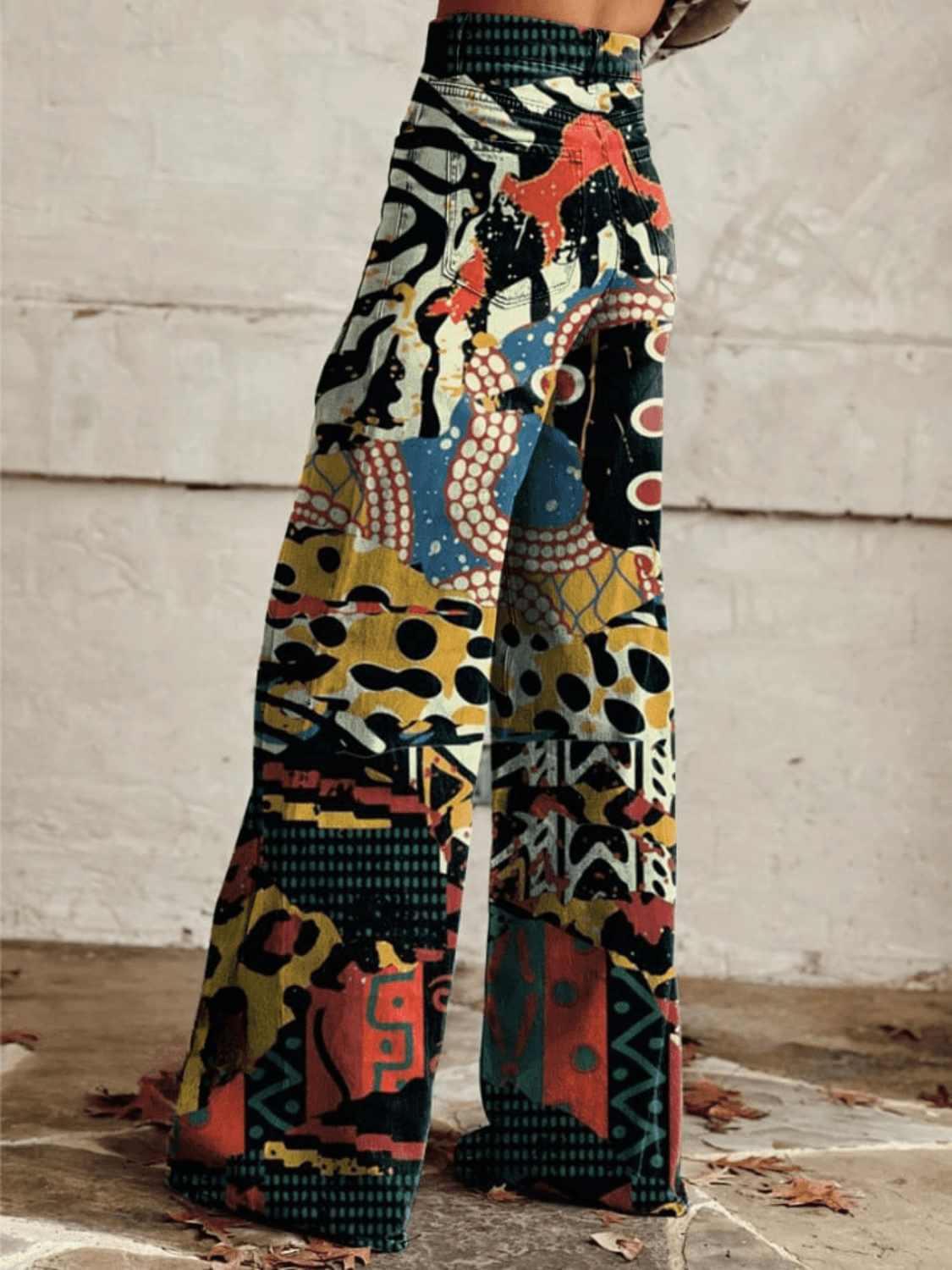 Wide-Leg Broek Hoge Taille Denimlook Abstracte Print