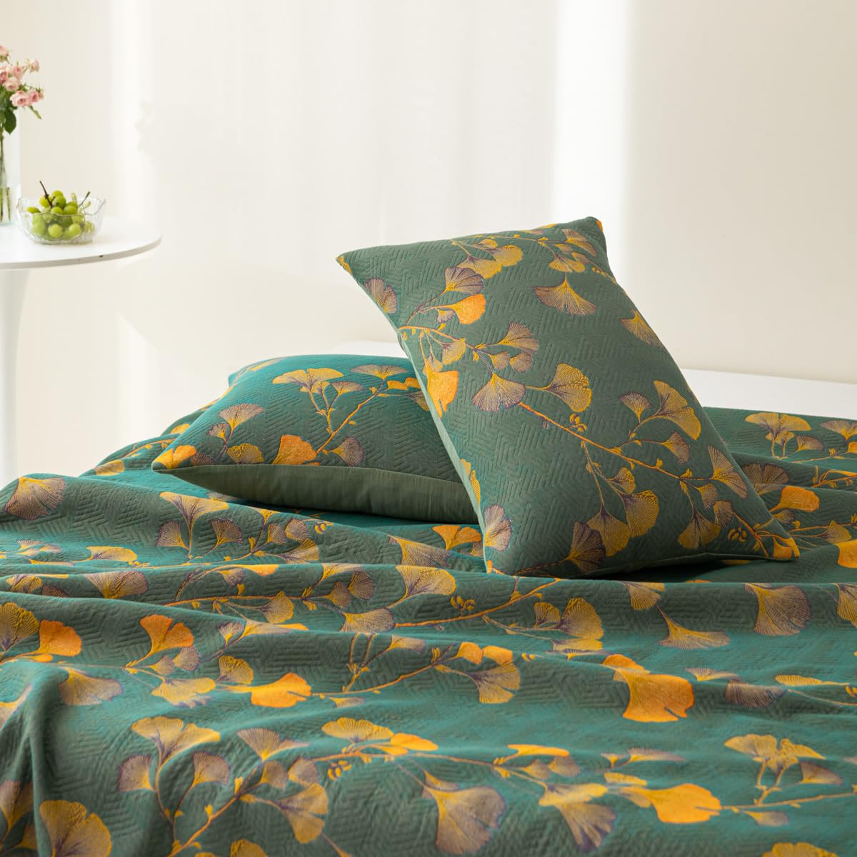 Ginkgo Blad Jacquard Katoenen Omkeerbare Dekbed Quilts SEREIN Groen & Oranje 2PCS Hoofdkussenslopen: 19" x 29"