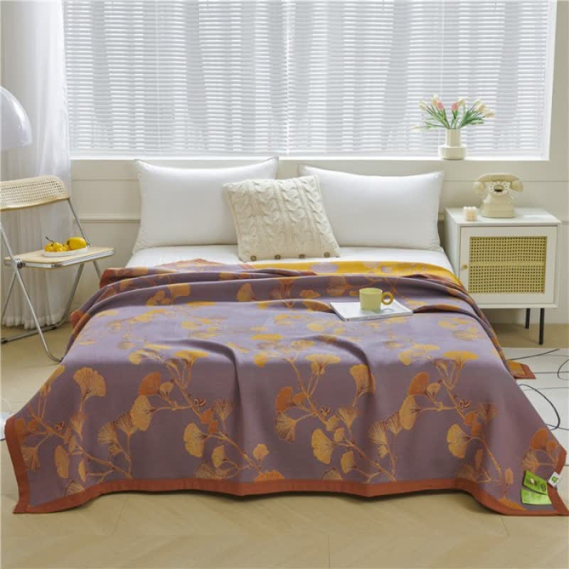 Ginkgo Blad Jacquard Katoenen Omkeerbare Dekbed Quilts SEREIN Donker Paars Koningin