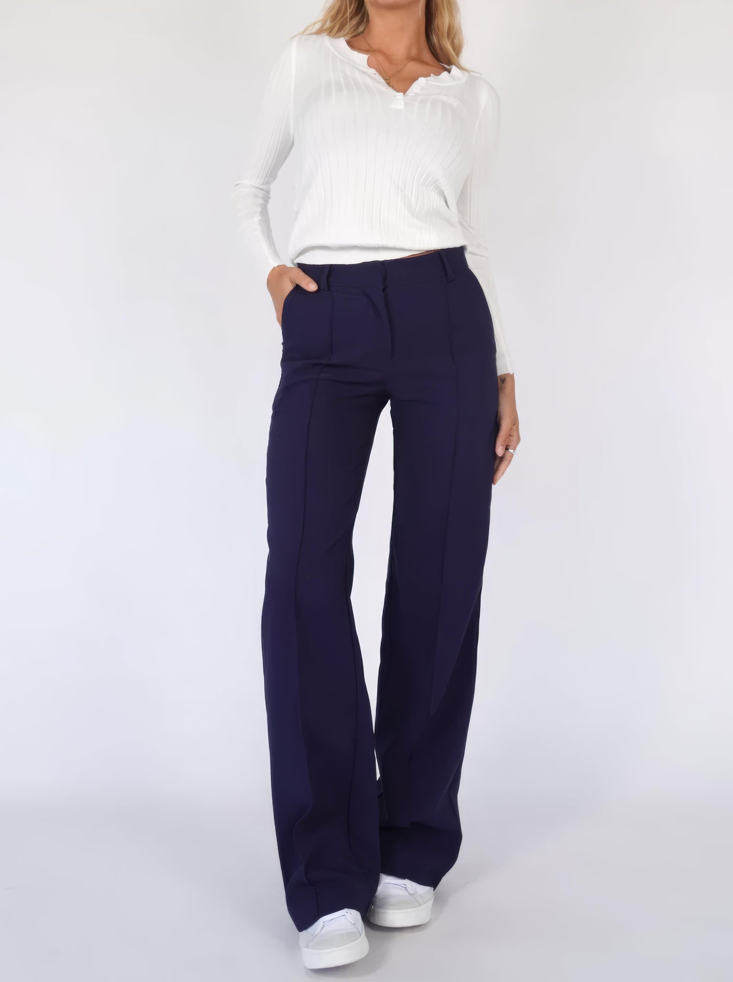 Broek Hoge Taille Dames Wijde Pijp Getailleerd Lang Blauw