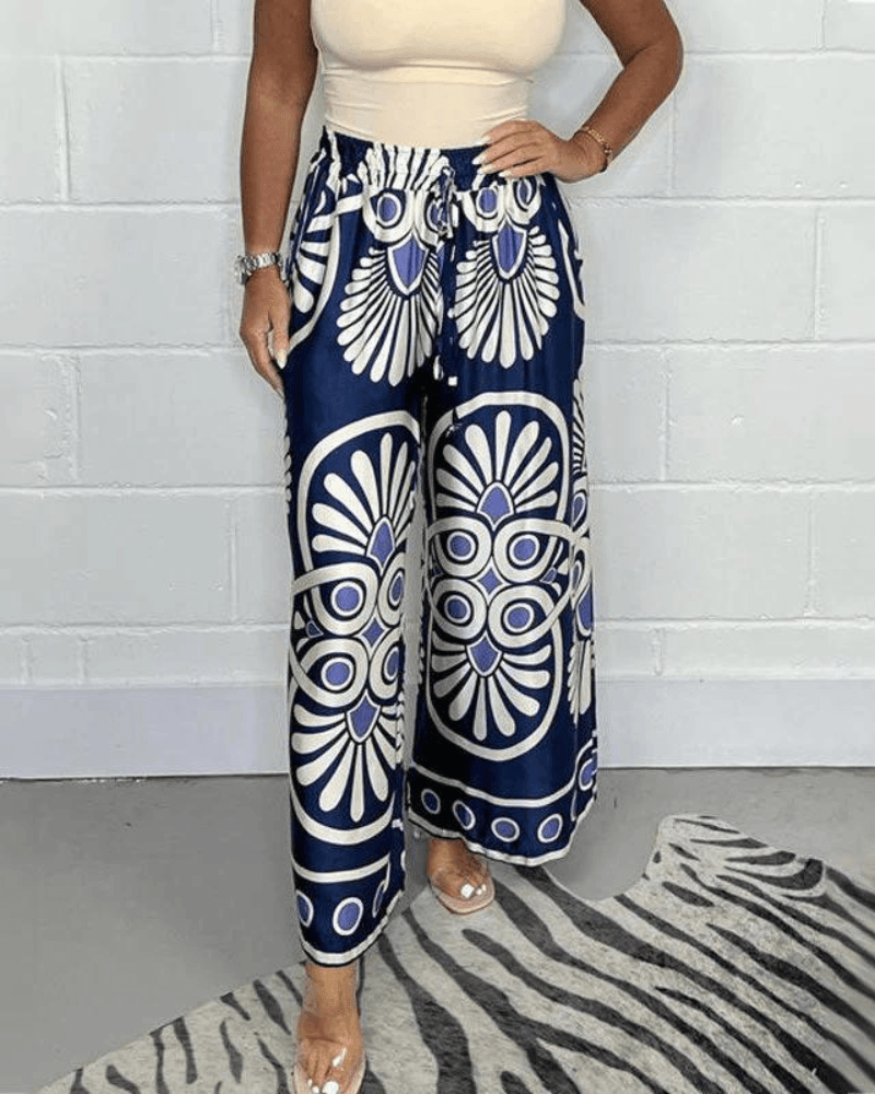 Dames Palazzobroek Pantalon Wijde Pijp Hoge Taille Elastisch Koord Marineblauw