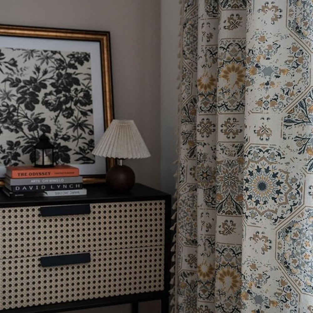 Boho Gordijn met Bloemenpatroon en Franjes – Lichtdoorlatend Polyester Raamdecoratie voor Slaapkamer en Woonkamer