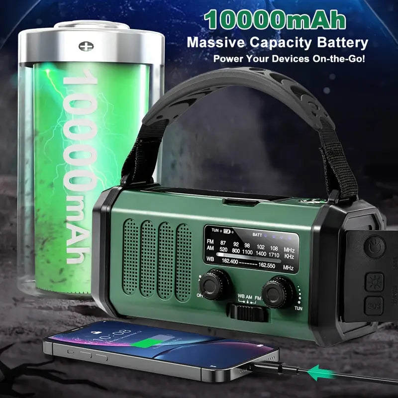 Pro Noodradio 10.000mAh – Zonne- & Handmatig Opladen, Weerradio, Zaklamp, SOS Alarm & Telefoonlader
