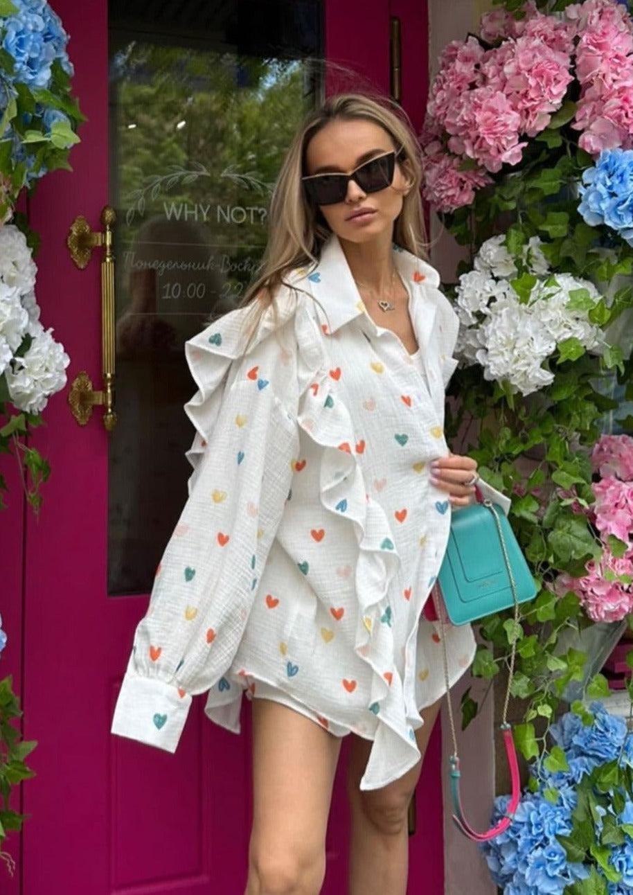 Francesca Set Hartprint Katoenen Overhemd en Shorts Set