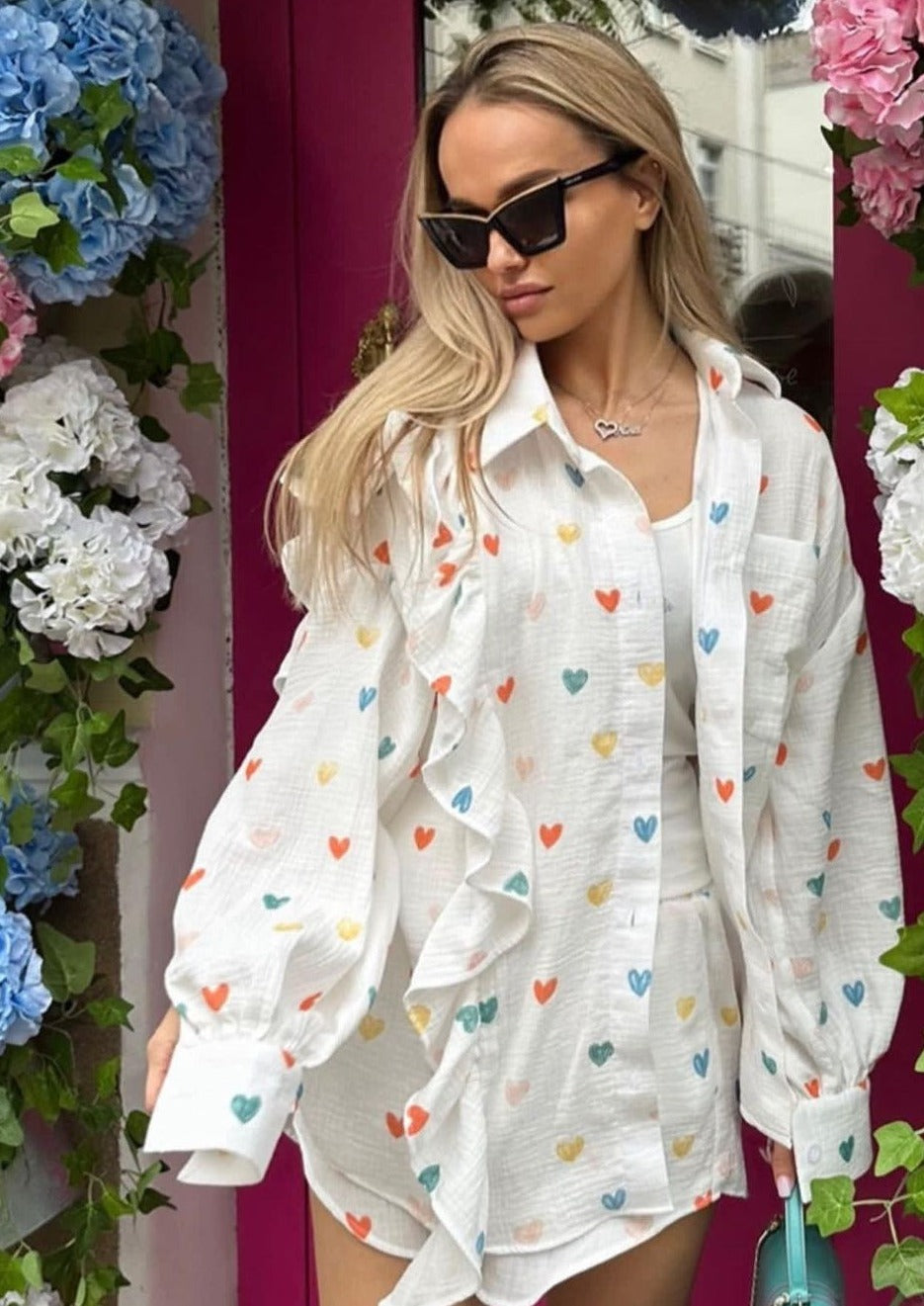 Francesca Set Hartprint Katoenen Overhemd en Shorts Set