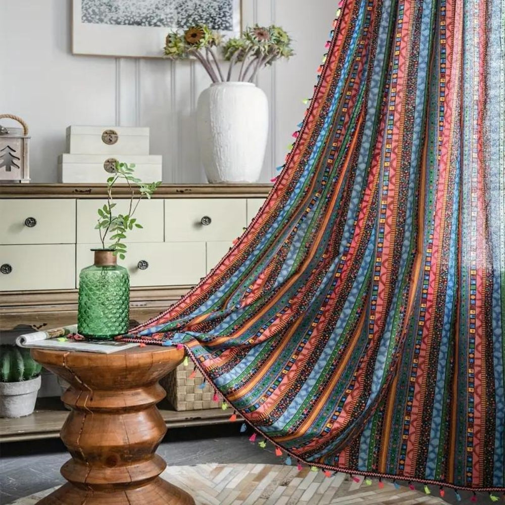 Kleurige Tassel Gordijnen met Lichtfiltering voor Boho Chic Interieur – Duurzaam en Machinewasbaar Groen Blauw met Kleurrijke Franje Hengelzak