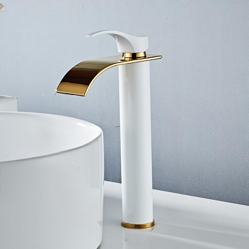 Luxe Messing Gouden en Witte Badkamerkraan met Enkele Handgreep - Moderne Waterval Design Wit en goud hoog
