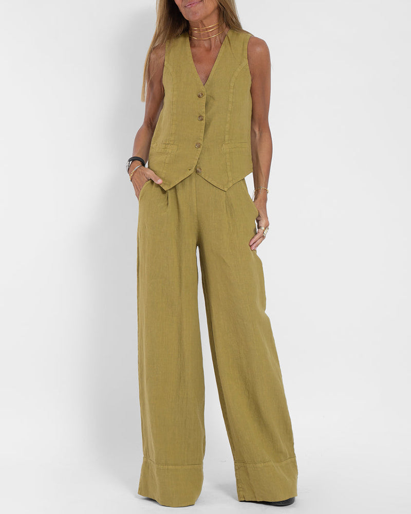 Elegante 2-Delige Set Linnen Wijde Broek En Vest Voor Dames Geel