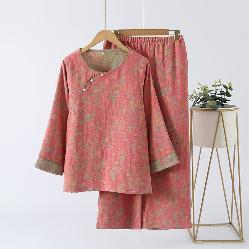 Jacquard Vintage Katoenen Loungewear Set Donker Roze
