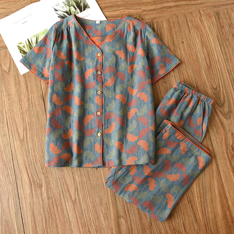 Ginkgo Blad Jacquard V-hals Korte Loungewear