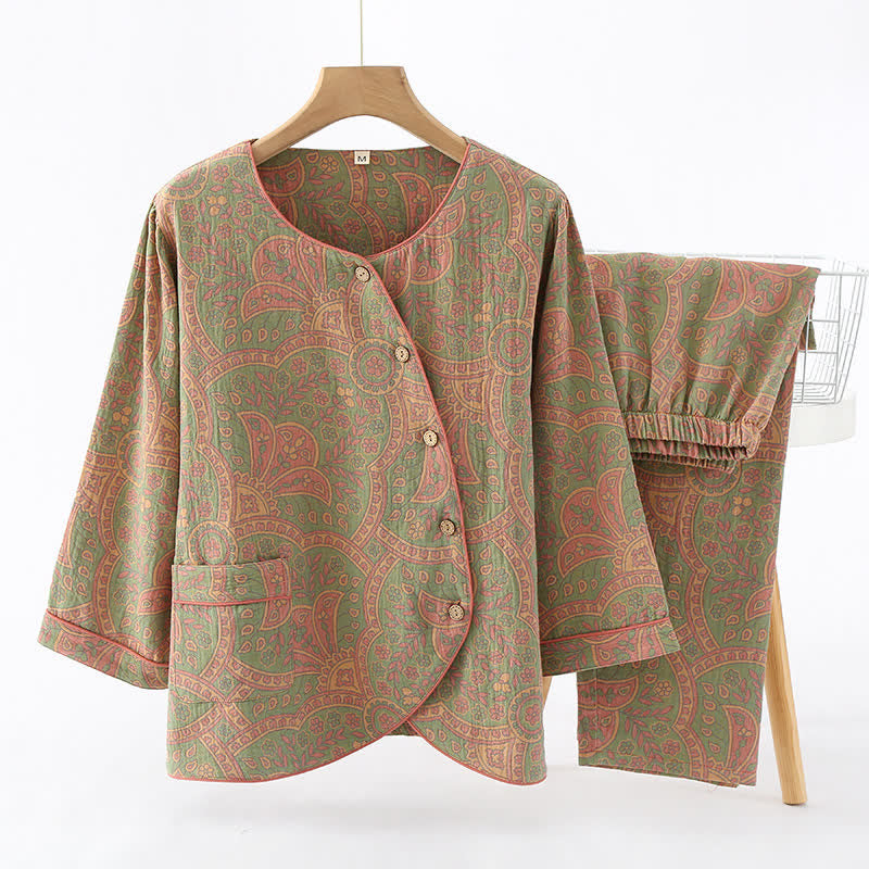 Vintage Jacquard Ronde Hals Loungewear Set Lichtgroen&Roze