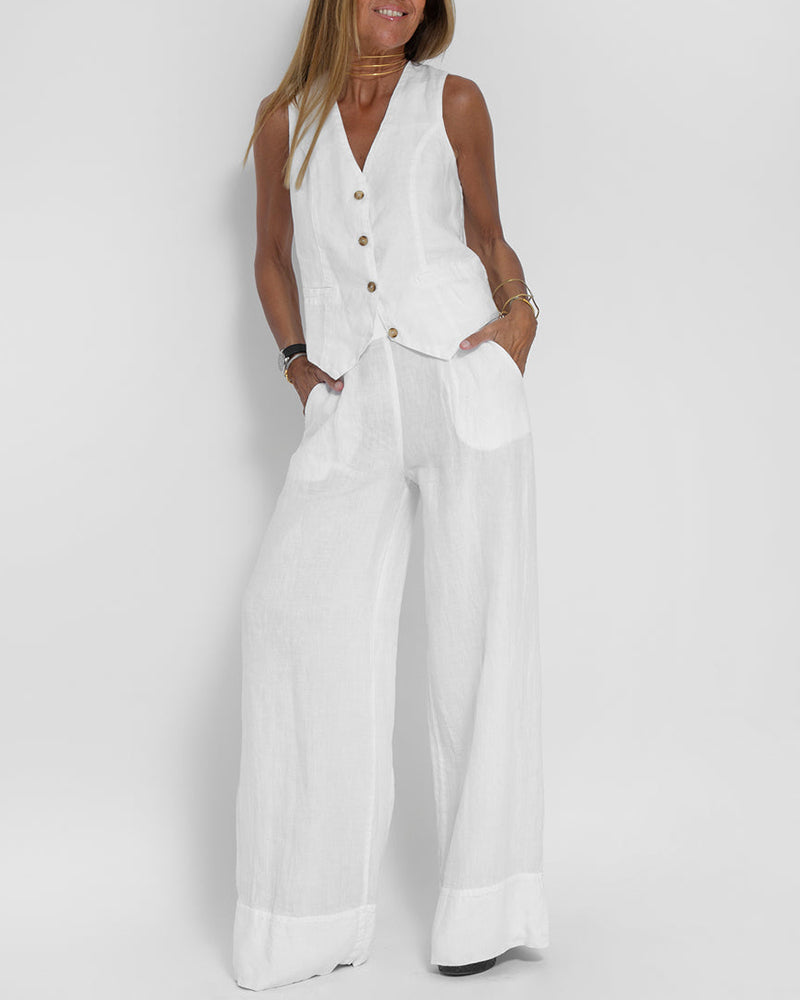 Elegante 2-Delige Set Linnen Wijde Broek En Vest Voor Dames Wit