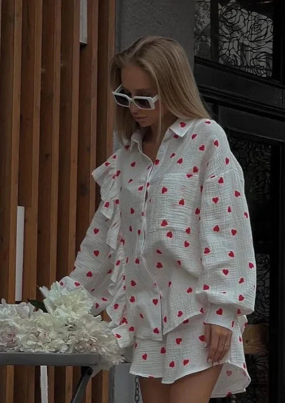 Stijlvolle Tallulah Set met Hartprint van Katoen Rode Hartjes