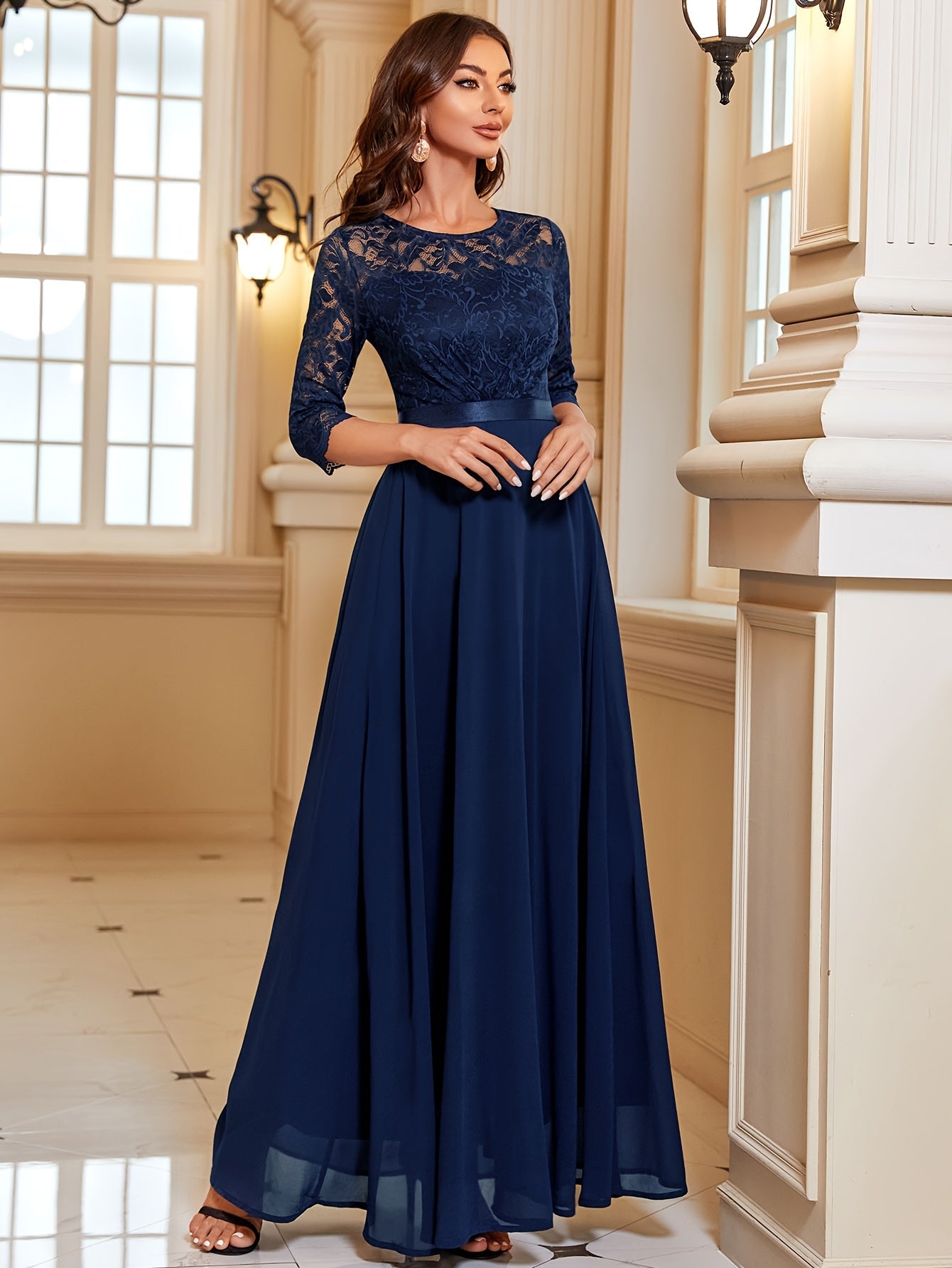 Ivoke Elegante Maxi Jurk met Kant en Chiffon voor Dames Marineblauw