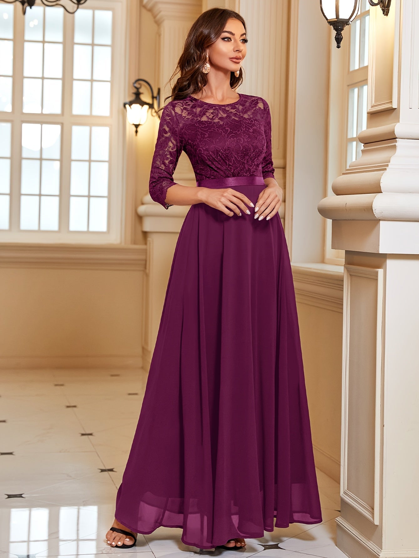 Ivoke Elegante Maxi Jurk met Kant en Chiffon voor Dames Bordeauxrood