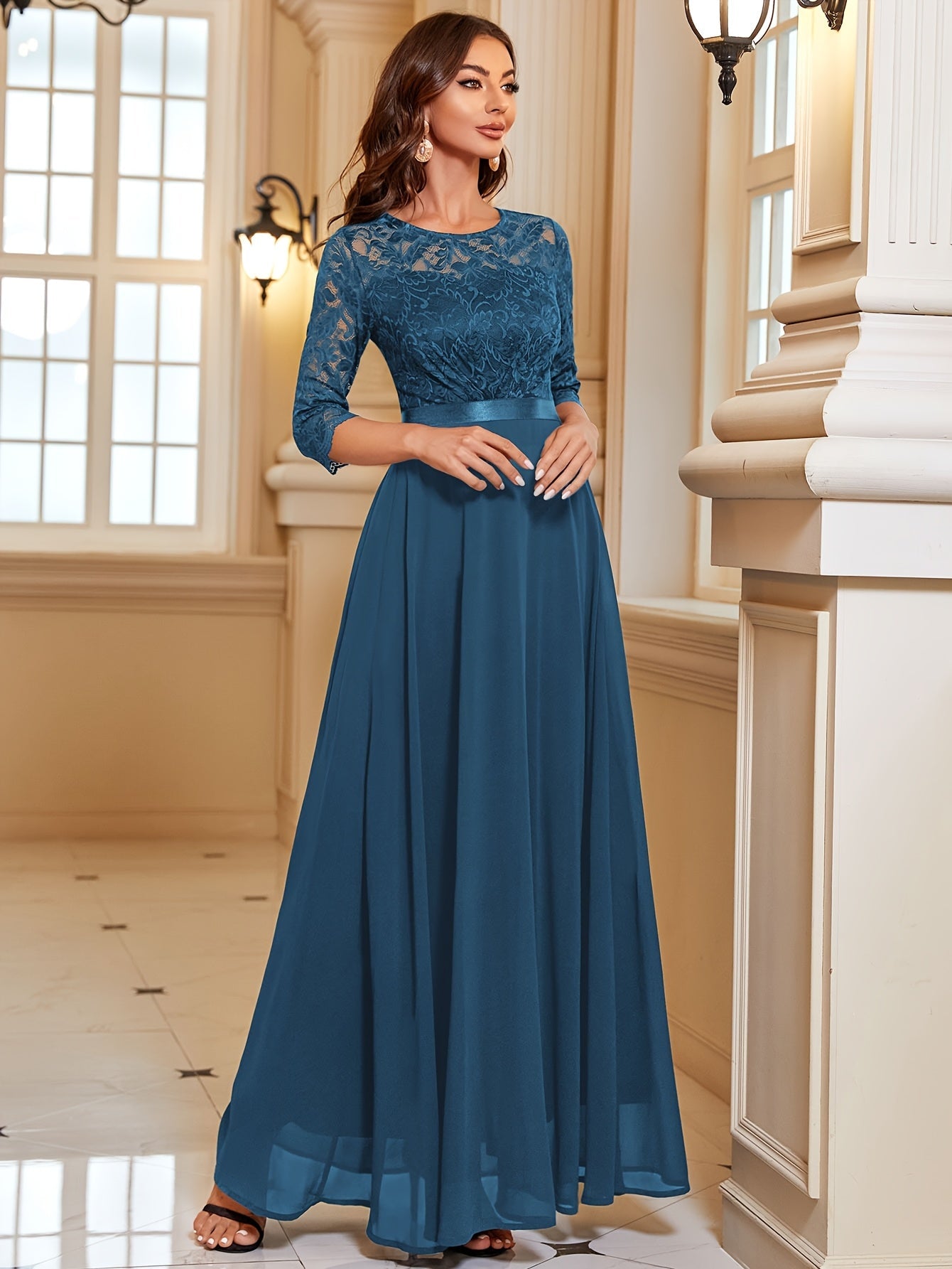 Ivoke Elegante Maxi Jurk met Kant en Chiffon voor Dames Hemelsblauw