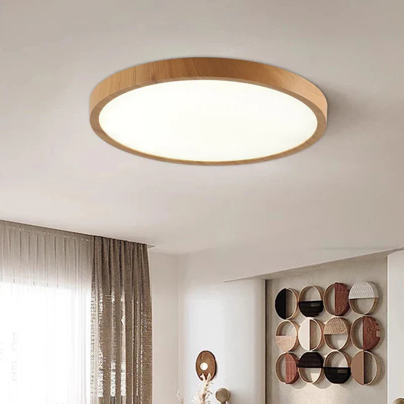 Ultradun Circulair Plafondlicht met Verstelbare LED Verlichting – Warm Walnootkleur, Modern Design voor Woonkamer en Slaapkamer