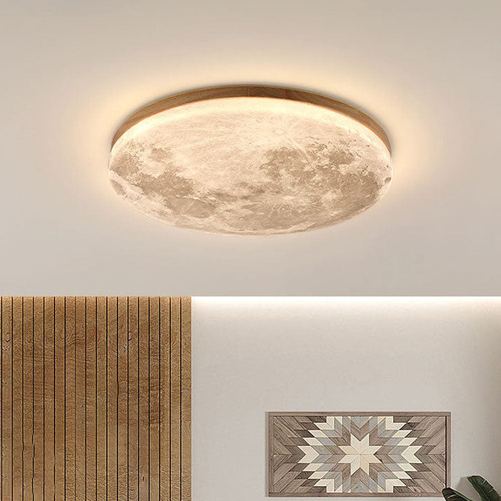 Minimalistische Maanvormige Ronde Led Plafondlamp Warm Hout Dimbaar met afstandsbediening
