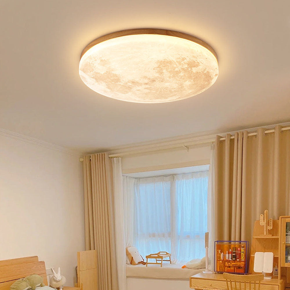 Minimalistische Maanvormige Ronde Led Plafondlamp Warm Hout 3 Kleurverandering door schakelaar