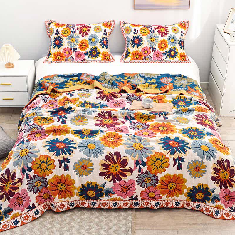 Omkeerbare Katoenen Quilt Met Bloemen Decoratief Voor Deken Quilt met 2 kussenslopen