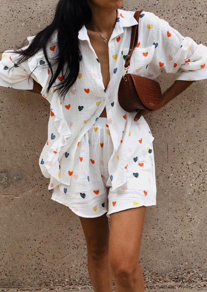 Francesca Set Hartprint Katoenen Overhemd en Shorts Set