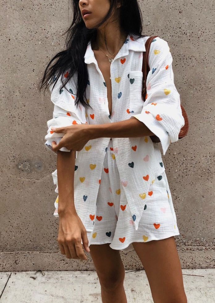Francesca Set Hartprint Katoenen Overhemd en Shorts Set
