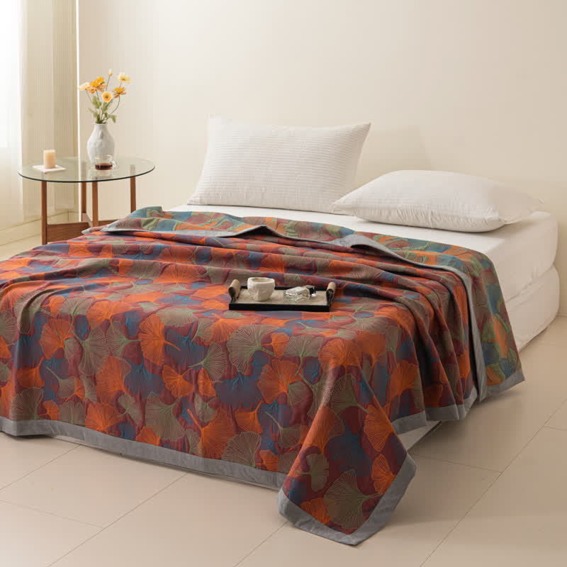 Ginkgo Blad Drielaags Katoenen Gaasquilt Slaapkamer Quilt Donkerpaars & Oranje