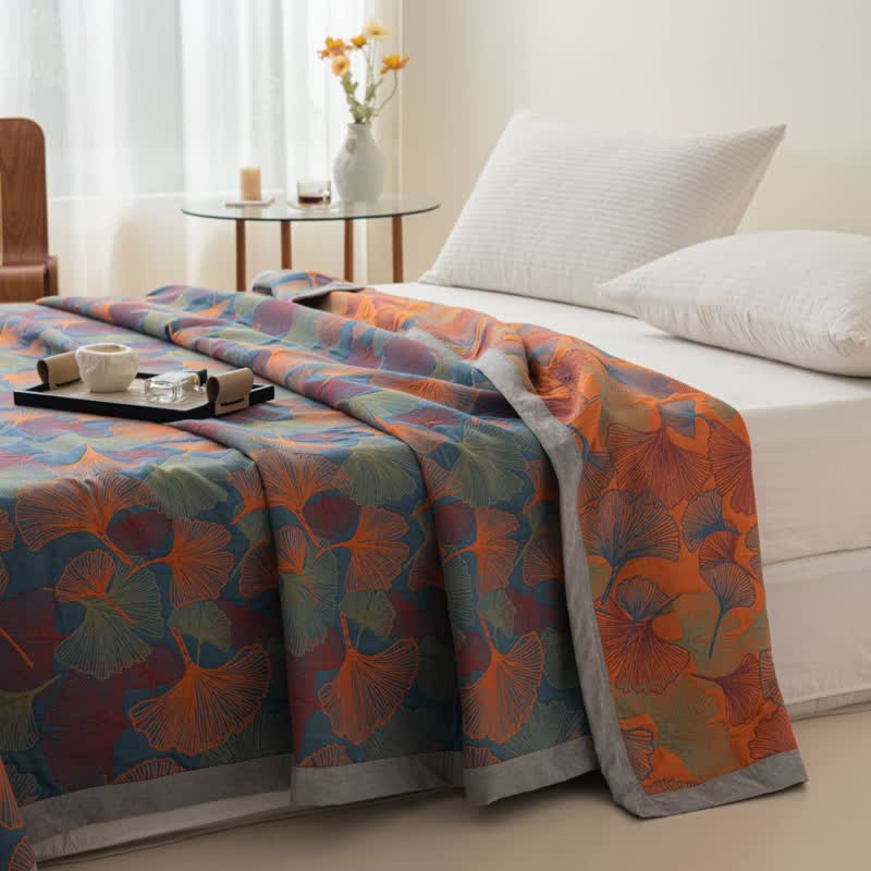 Ginkgo Blad Drielaags Katoenen Gaasquilt Slaapkamer