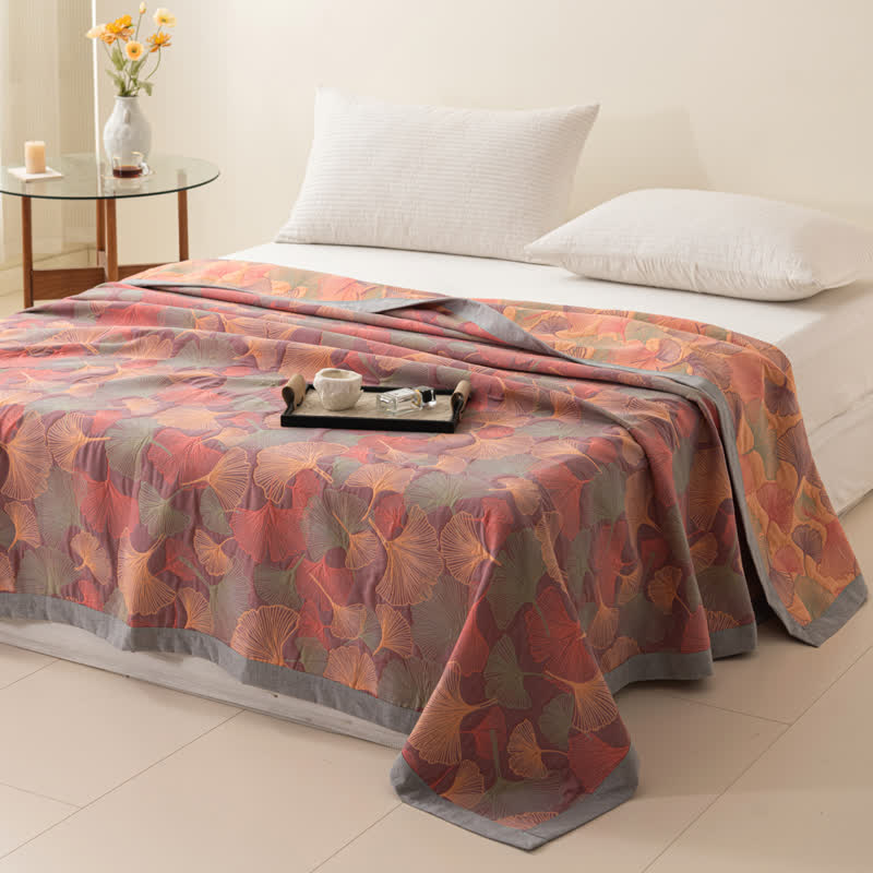 Ginkgo Blad Drielaags Katoenen Gaasquilt Slaapkamer Quilt Paars & Roze