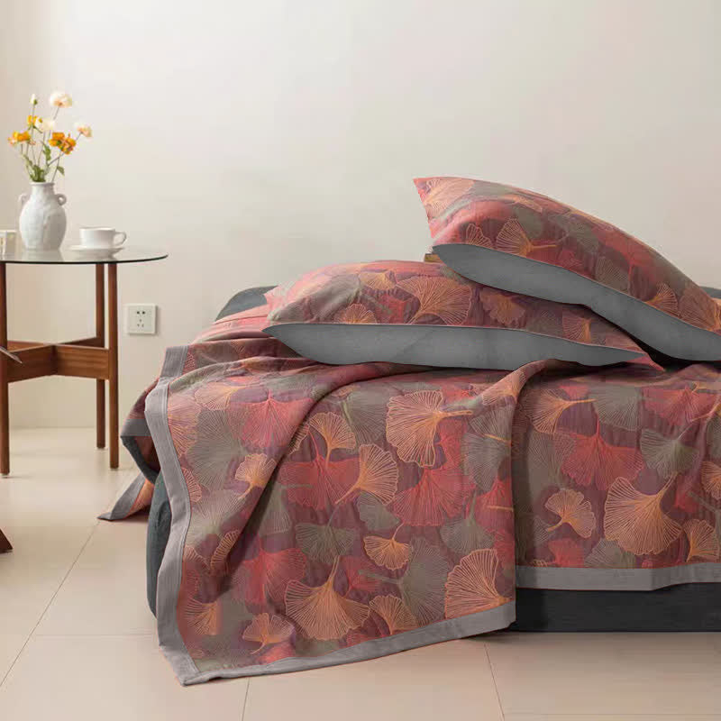 Ginkgo Blad Drielaags Katoenen Gaasquilt Slaapkamer Paars & roze