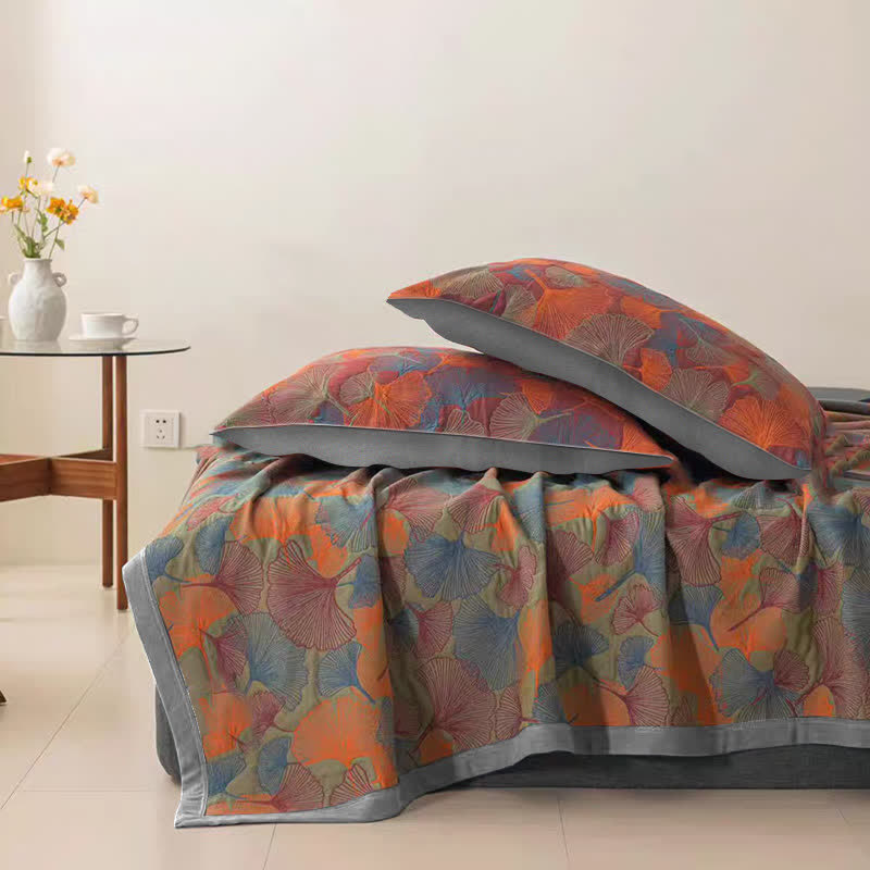 Ginkgo Blad Drielaags Katoenen Gaasquilt Slaapkamer Donkerpaars & oranje
