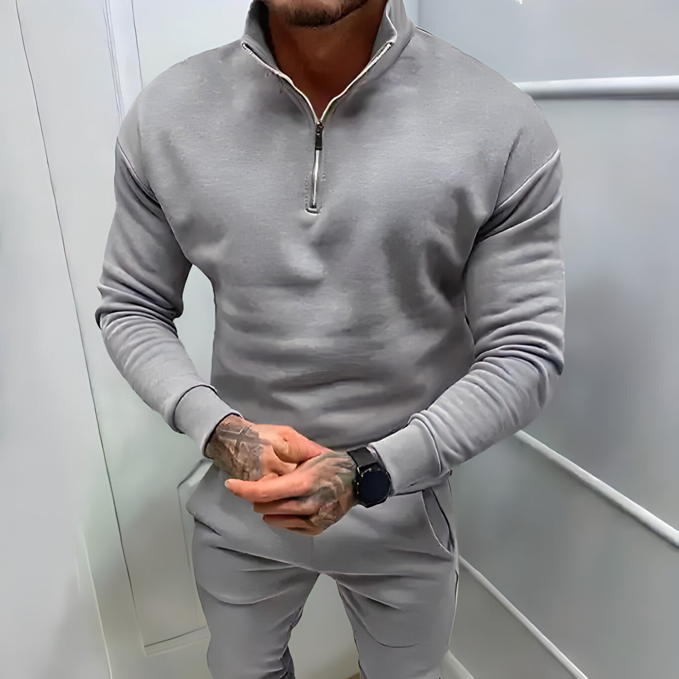 Heren Sweater Katoen Halve Rits Spierfit Grijs