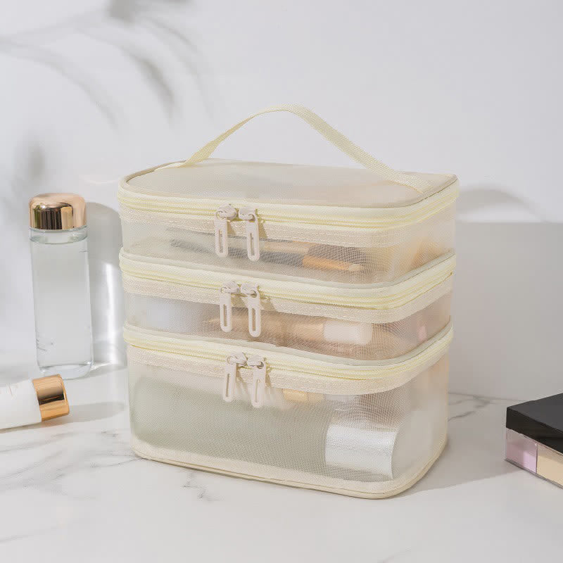 Grote Capaciteit Mesh Opbergtas Met Waterdichte Coating Beige Drie lagen: 22 cm x 14 cm x 20 cm