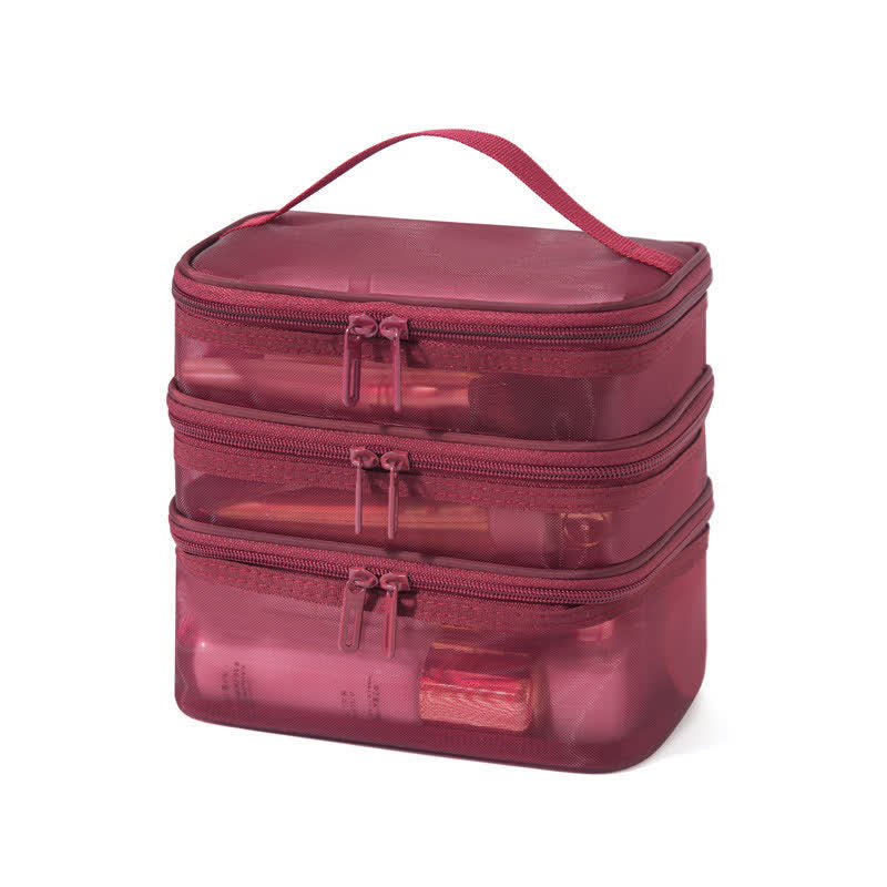 Grote Capaciteit Mesh Opbergtas Met Waterdichte Coating Wijnrood Drie lagen: 22 cm x 14 cm x 20 cm