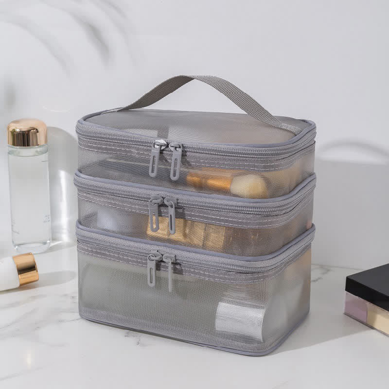 Grote Capaciteit Mesh Opbergtas Met Waterdichte Coating Grijs Drie lagen: 22 cm x 14 cm x 20 cm