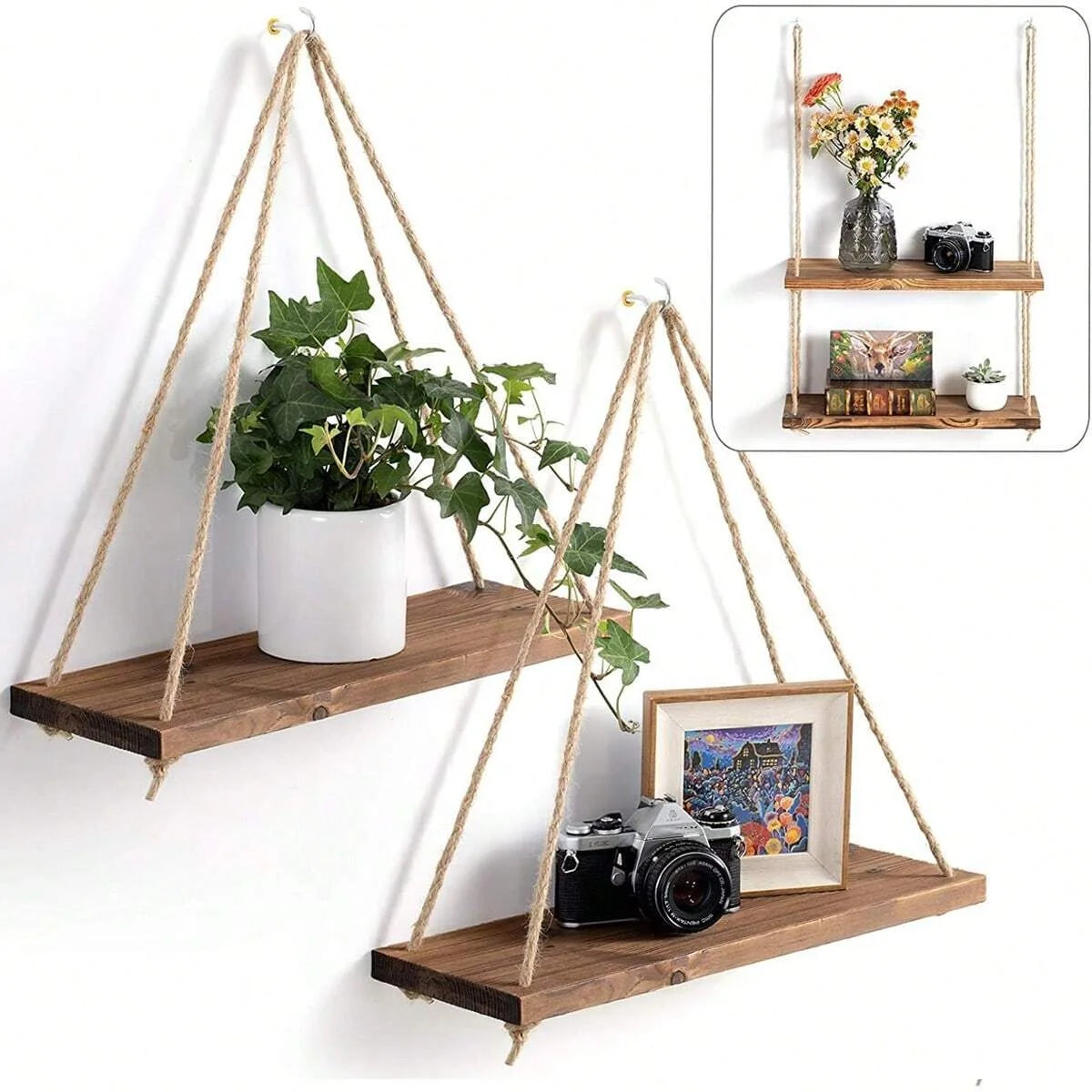 Houten Wandplank Met Touw Voor Planten En Decoratie 35x14cm