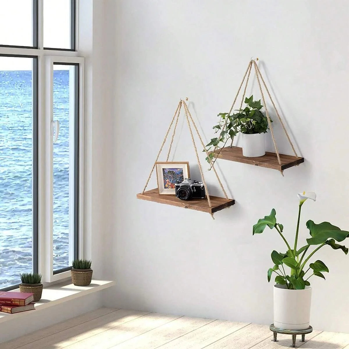 Houten Wandplank Met Touw Voor Planten En Decoratie 35x14cm