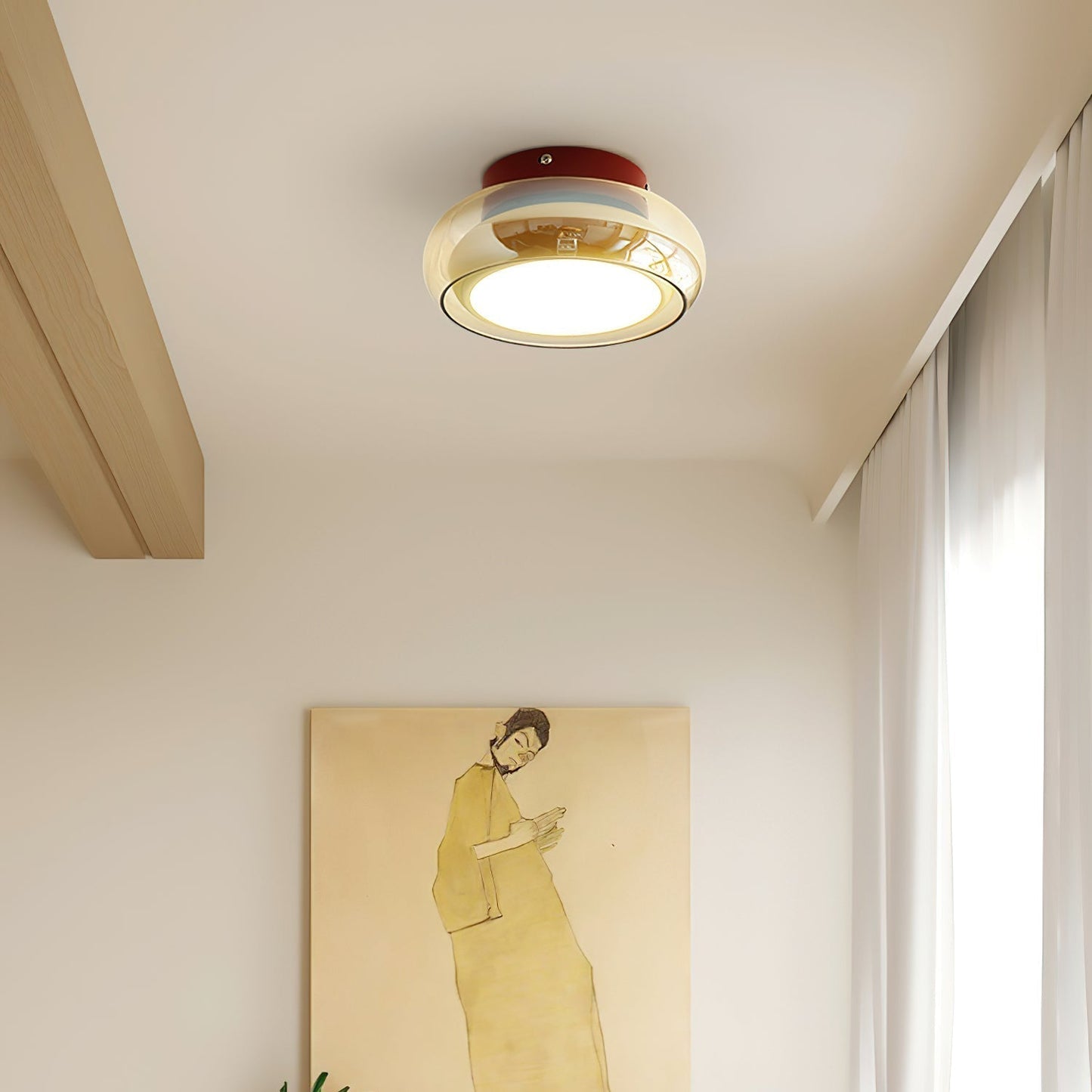 Retro Glazen Plafondlamp Cognackleur Met Kersenband