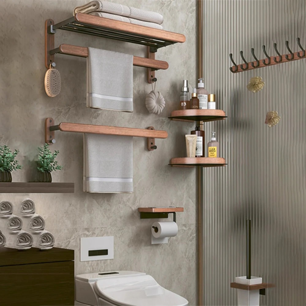 Luxe Badkameraccessoires Set van Walnoot Handdoekrek en Houder