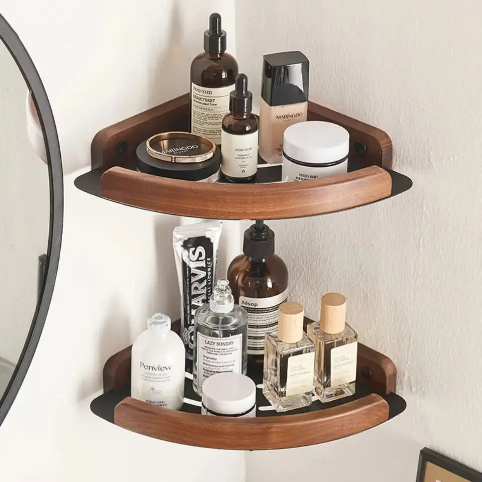 Luxe Badkameraccessoires Set van Walnoot Handdoekrek en Houder Driehoek Plank 2pc-A