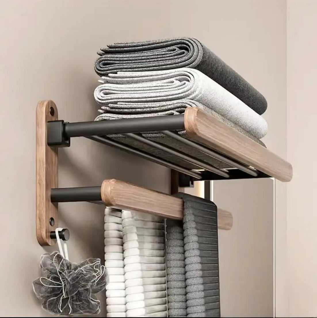 Luxe Badkameraccessoires Set van Walnoot Handdoekrek en Houder Walnoot Toren houder 3