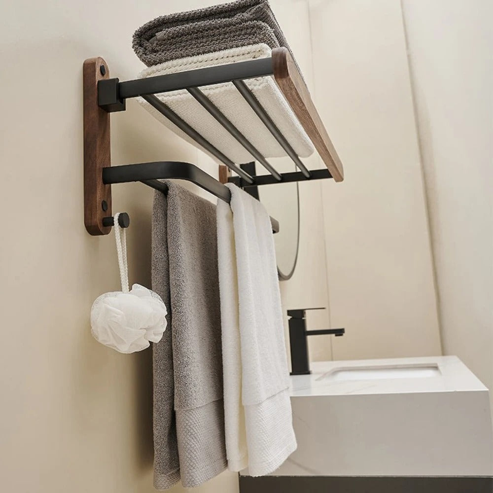Luxe Badkameraccessoires Set van Walnoot Handdoekrek en Houder