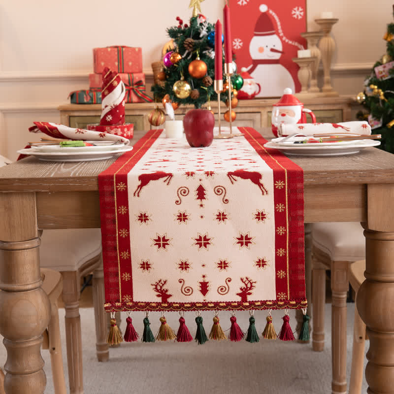 Kerst Tafelloper Met Kwastjes Voor Feestelijk Tafeldecor Placemat Wit & Rood 35 cm x 45 cm