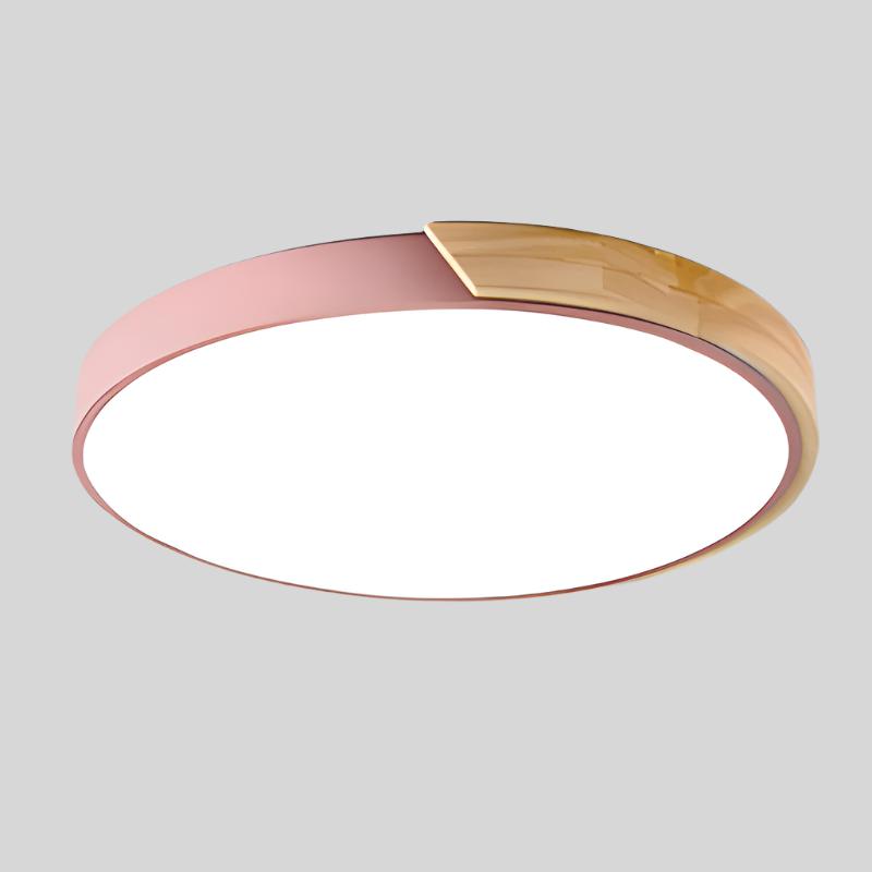 Scandinavische LED Plafondlamp in Cirkelvorm – Houten Plafonniere voor Slaapkamer en Studie, DIA 23 cm en 30 cm Roze Met Hout