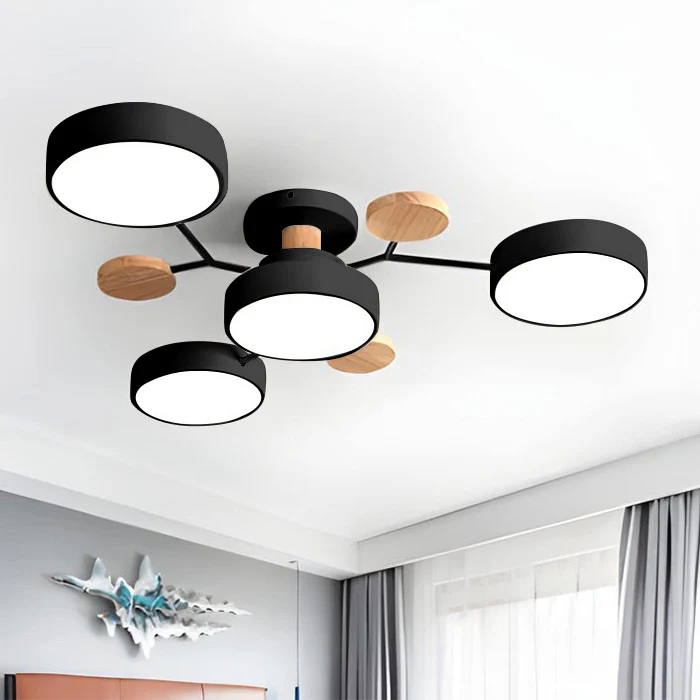 Moderne Ronde LED Kroonluchter Van IJzer Voor Woonkamer Zwart 4 lampen - D85*H14CM 3 kleuren veranderen met schakelaar